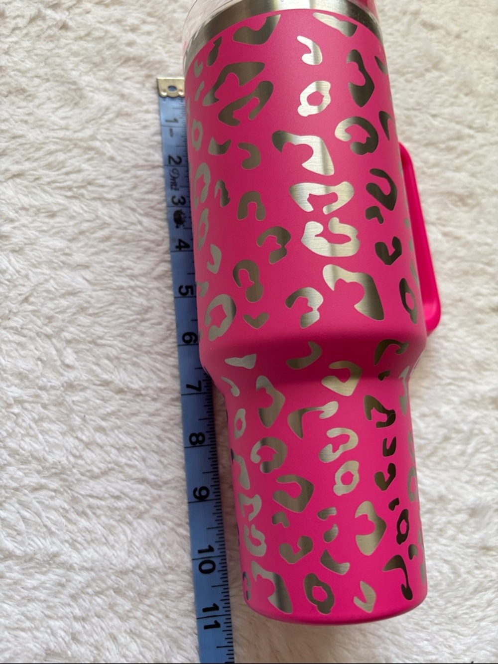 Pink and Silver Leopard Print Laser Etched Tumbler with Handle - Picture 2 of 8